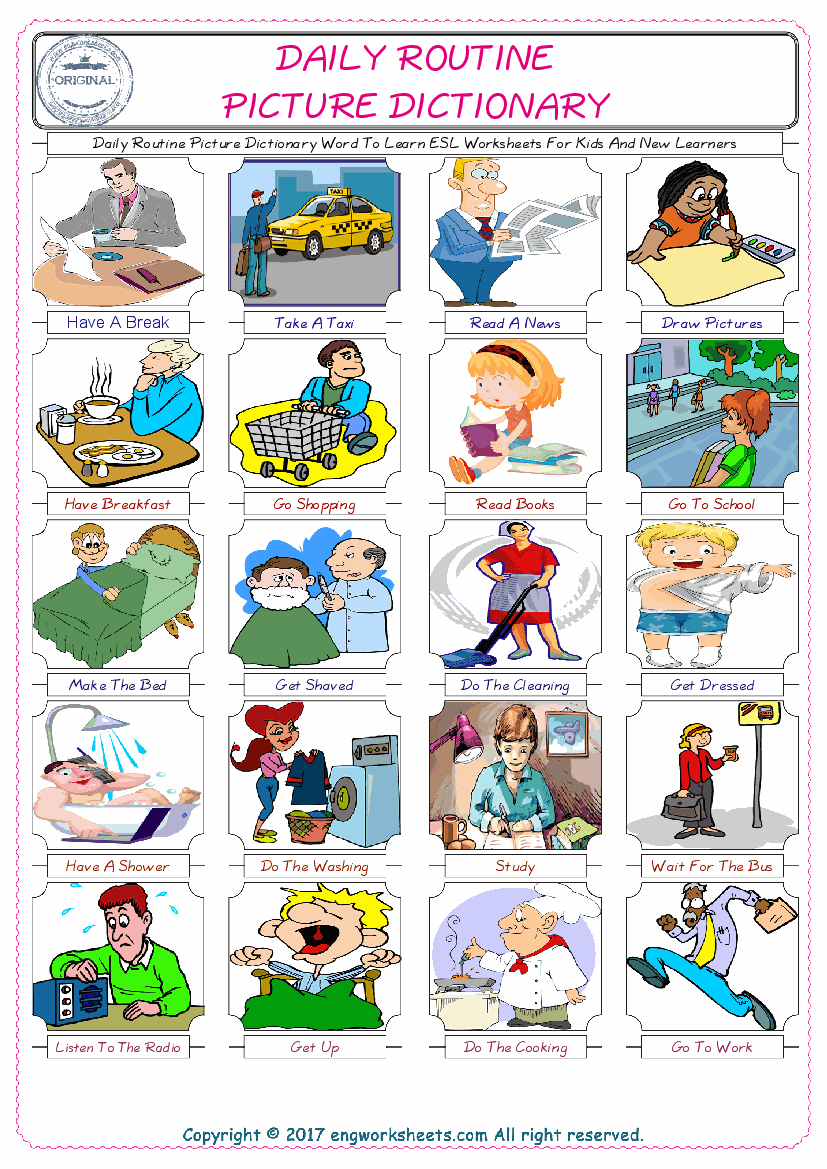  Daily Routine English Worksheet for Kids ESL Printable Picture Dictionary 